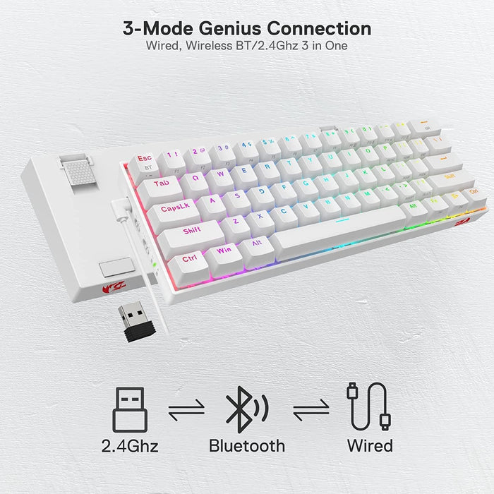 Redragon Teclado Inalámbrico Gaming Mecánico Blanco | K530W-Pro Draconic 60% 61 Teclas TKL | 2,4Ghz Bluetooth 3,0-5.0 USB |Teclado Gamer Compacto | Interruptores Marrones | Iluminación RGB