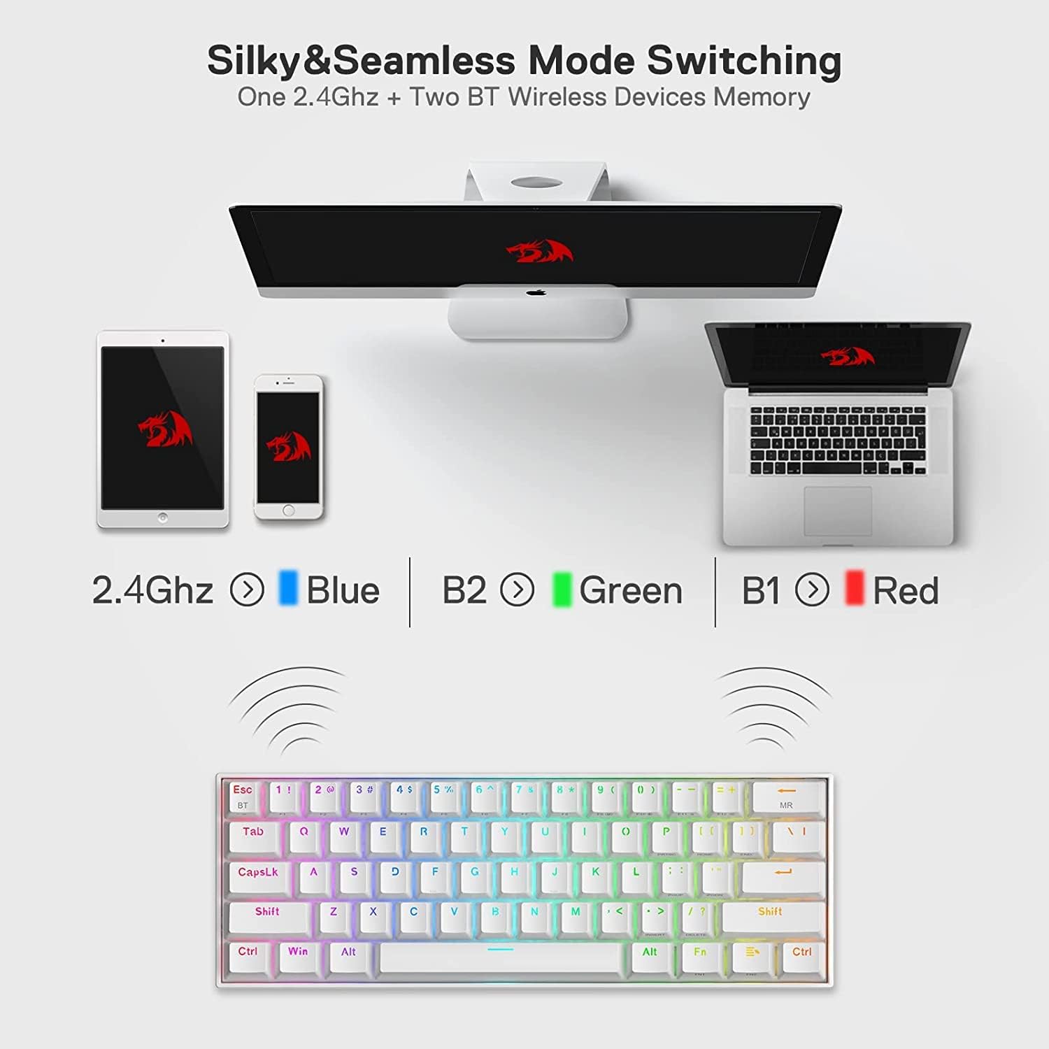Redragon White Mechanical Wireless Gaming Keyboard | K530W-Pro Draconic 60% 61 Keys TKL | 2.4GHz Bluetooth 3.0-5.0 USB | Compact Gamer Keyboard | Brown Switches | RGB Lighting