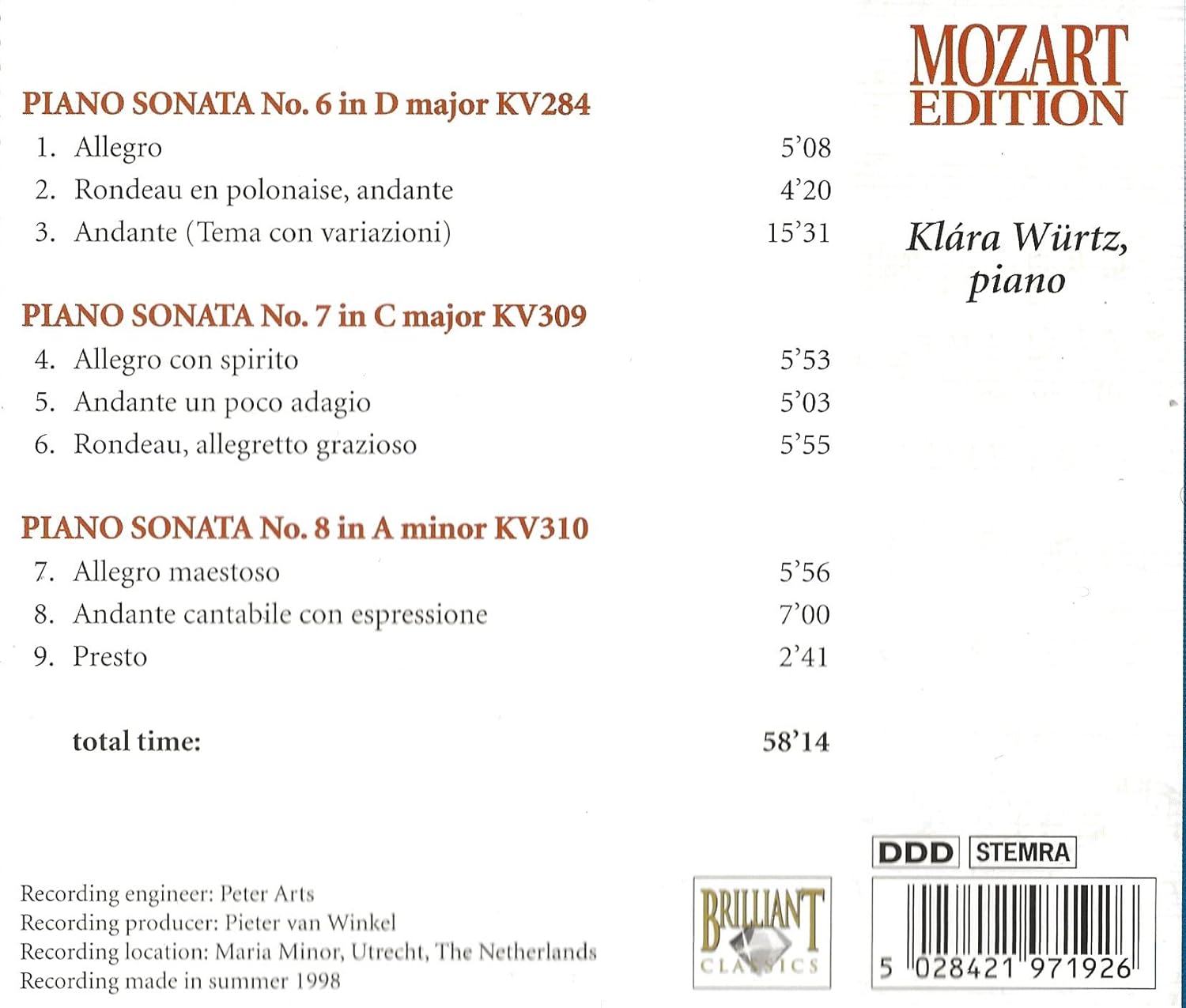 MOZART EDITION - PIANO SONATAS KV 284, 309, 310 - KLARA WURTZ