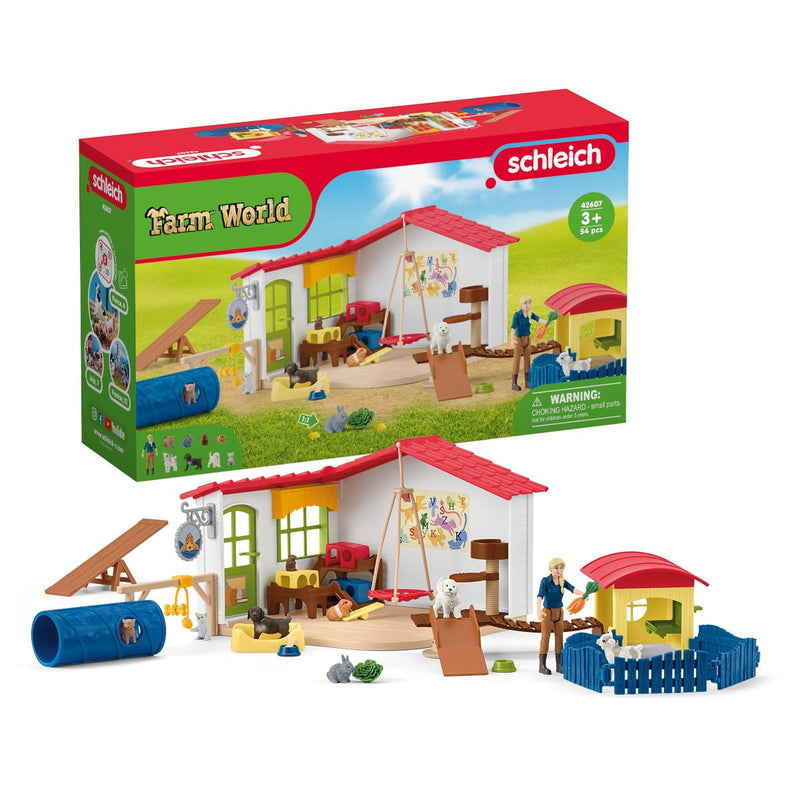 schleich FARM WORLD 42607 Bauernhof Baby Tierhotel mit Tierpflegerin - Großes 54-teiliges Tiere Spielset mit Hund, Katze, Hase und Zubehör, Fantasievolles Bauernhof Spielzeug ab 3