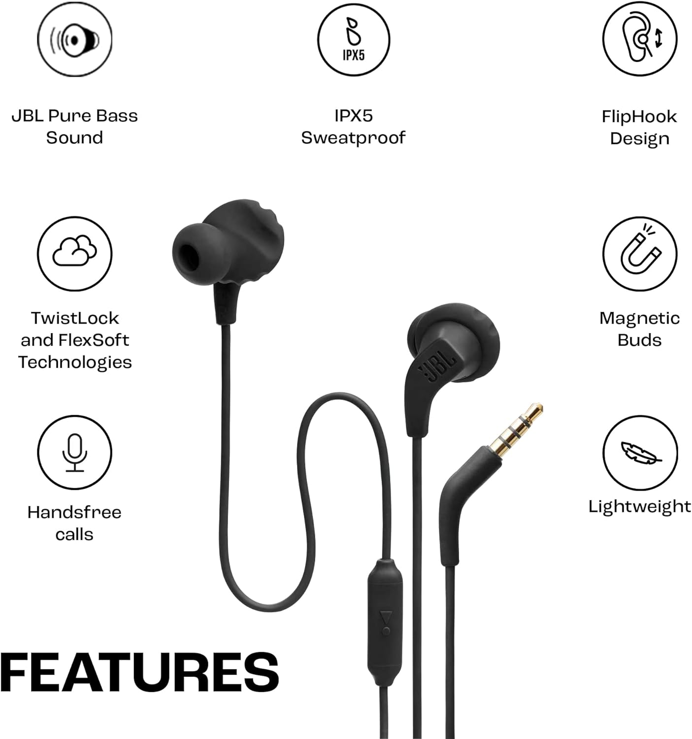 JBL Endurance Run 2, Cuffie auricolari con cavo, in