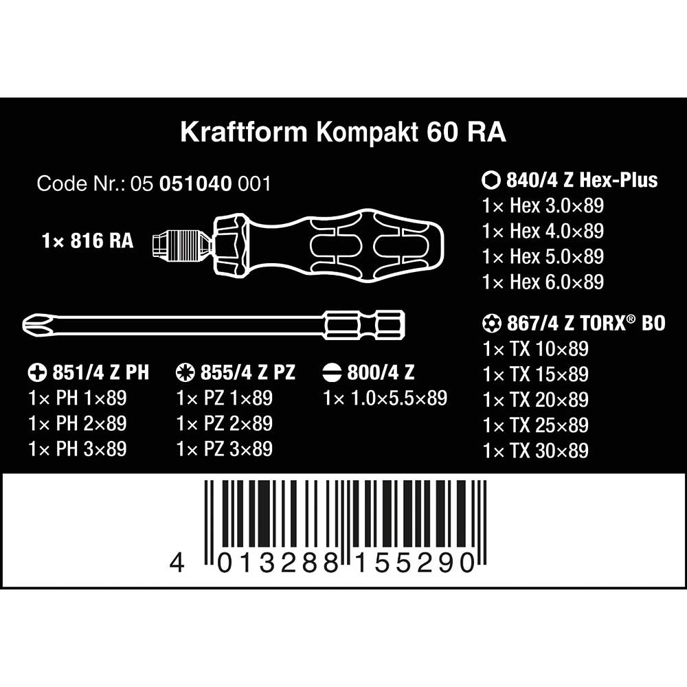 Wera Kraftform Kompakt 60 Ratchet Screwdriver & Bit Set, 17pc, 05051040001 & Bit-Check 30 Metal 1 General bit Set for Drill/Drivers, Metal Jointing, PZ,PH,Hex-Plus,TX 30 Piece, 05057434001