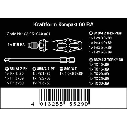 Wera Kraftform Kompakt 60 Ratchet Screwdriver & Bit Set, 17pc, 05051040001 & Bit-Check 30 Metal 1 General bit Set for Drill/Drivers, Metal Jointing, PZ,PH,Hex-Plus,TX 30 Piece, 05057434001