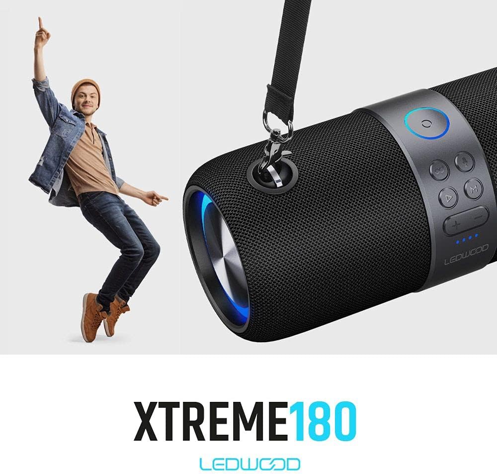 Ledwood Xtreme 180 – Bluetooth-Lautsprecher Version 2.0 TWS tragbar mit Gurt – kabelloser Lautsprecher mit LED-Lichtern – kraftvoller Klang – AUX – USB-Anschluss – FM-Radio (schwarz