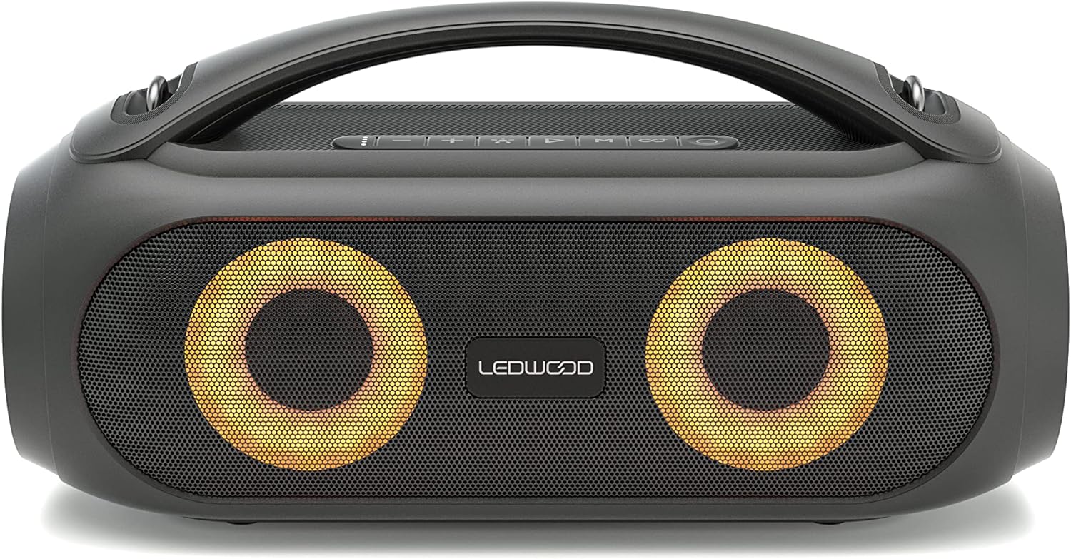 Ledwood Xtreme 250 TWS Portable Bluetooth Speaker with Strap - Powerful Wireless Speaker with LED Lights - Super Bass, IPX5, AUX, USB Port, FM Radio, Black