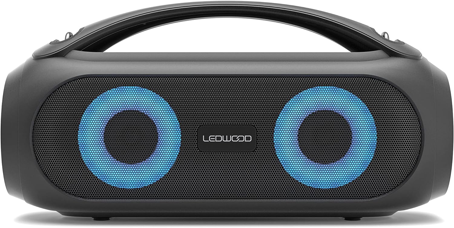 Ledwood Xtreme 250 TWS Portable Bluetooth Speaker with Strap - Powerful Wireless Speaker with LED Lights - Super Bass, IPX5, AUX, USB Port, FM Radio, Black
