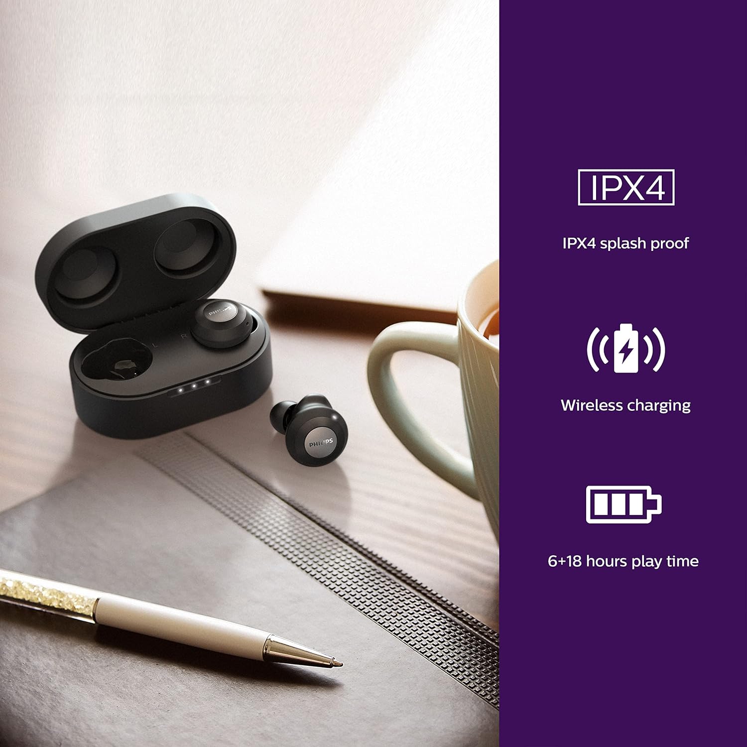 PHILIPS T8505BK/00 In-Ear Headphones Bluetooth Wireless (Hybrid Active Noise Canceling, Awareness Mode, Dual Mics, 13-mm Neodymium Drivers, Quick Charge, Google Assistant) Black - 2020/2021 Model