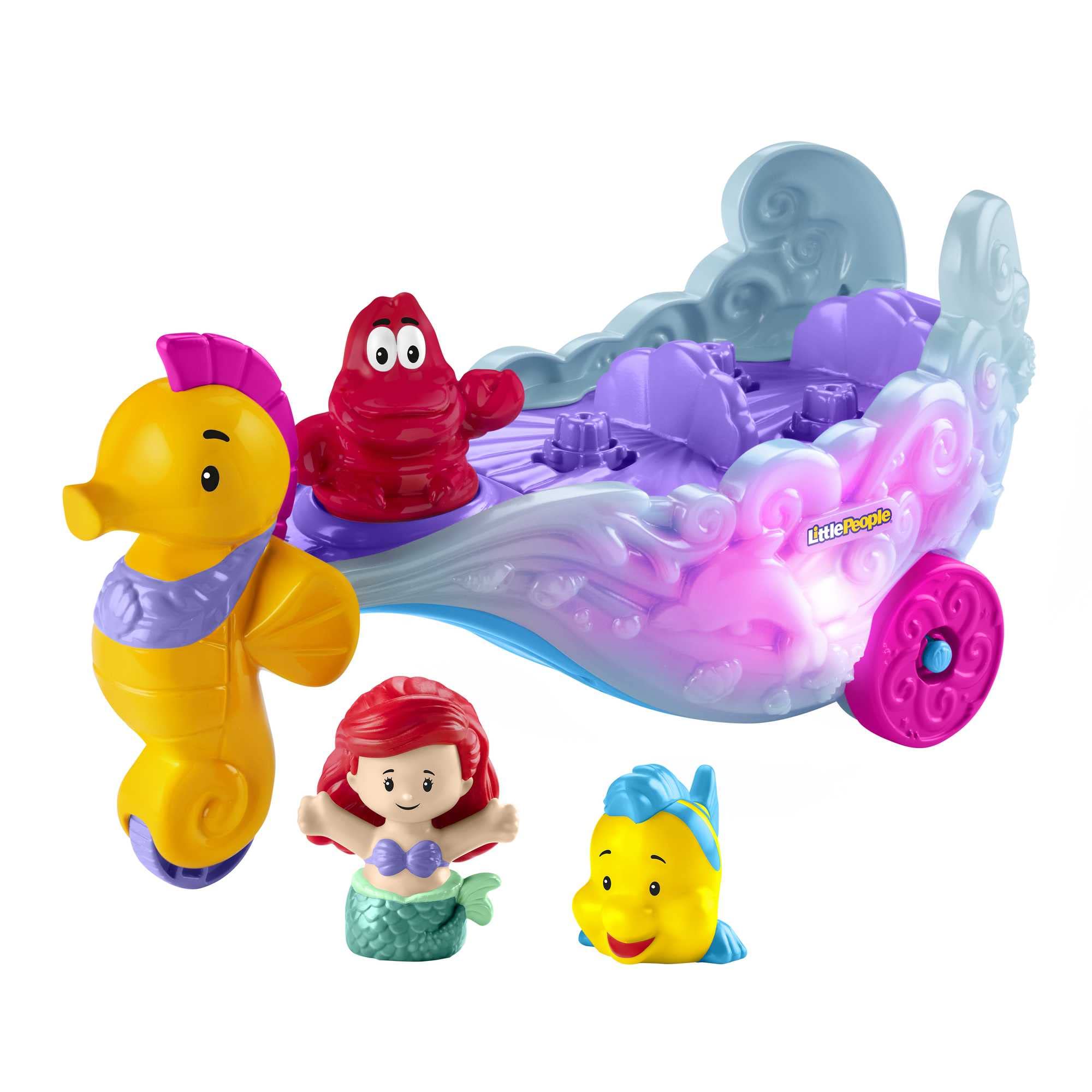 Fisher-Price Little People Toddler Toy Disney Princess Ariel's Light-Up Sea Carriage Musical Vehicle with 2 Figures for Ages 18+ Months, HMX83 Ariel's Sea Carriage