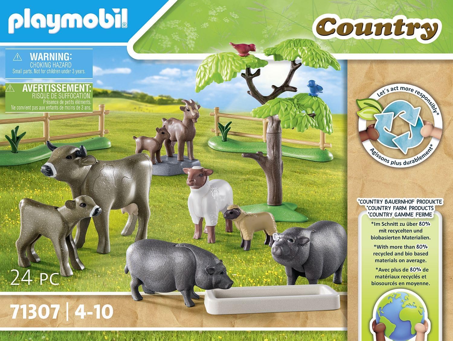Playmobil 71307 Country Animal Set with Paddock, with lovingly designed farm animals like cows, goats, sheep, and pot-bellied pigs, fun imaginative role play, playsets suitable for children ages 4+
