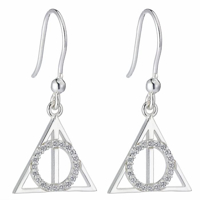 Harry Potter Sterling Silver Deathly Hallows Drop Earrings with Crystals