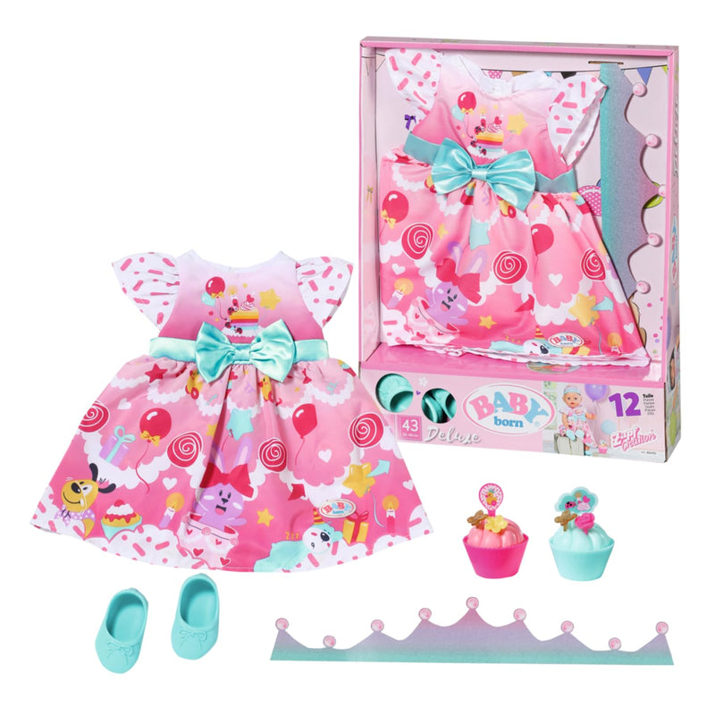 BABY born Deluxe Verjaardagsfeestjurk set 834152 - Accessoires voor poppen tot 43cm - Inclusief jurk, tiara, schoenen en cupcakes - Geschikt vanaf 3+