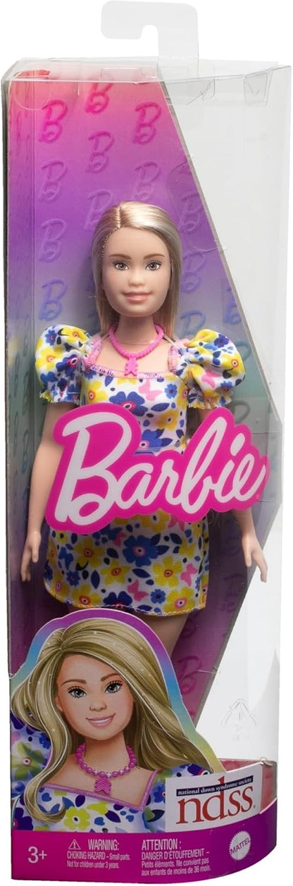 Barbie Fashionista Vestido Flores Muñeca síndrome de Down con Conjunto de Moda y Accesorios, Juguete +3 años (Mattel HJT05)