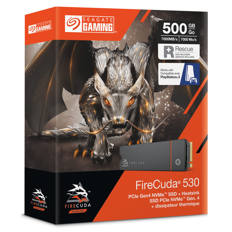 Seagate FireCuda 530, 500 GB, Internal Solid State Drive - M.2 PCIe Gen4 ×4 NVMe 1.4, transfer speeds up to 7300 MB/s, 3D TLC NAND, 640 TBW, Heatsink, 3 year Rescue Services (ZP500GM3A023) PC/PS5 530 Serie - Gen 4 Heatsink 500GB