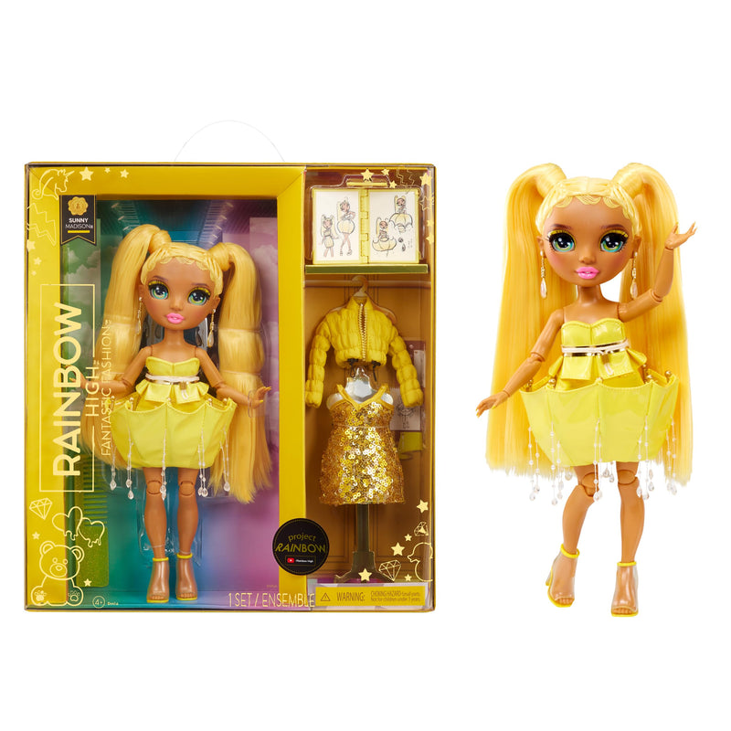 RAINBOW HIGH Muñeca Fantastic Fashion - Sunny Madison - Muñeca de Moda Amarilla de 28cm y Set de Juegos con 2 Conjuntos y Accesorios de Moda - para niños y niñas de 4 a 12 años