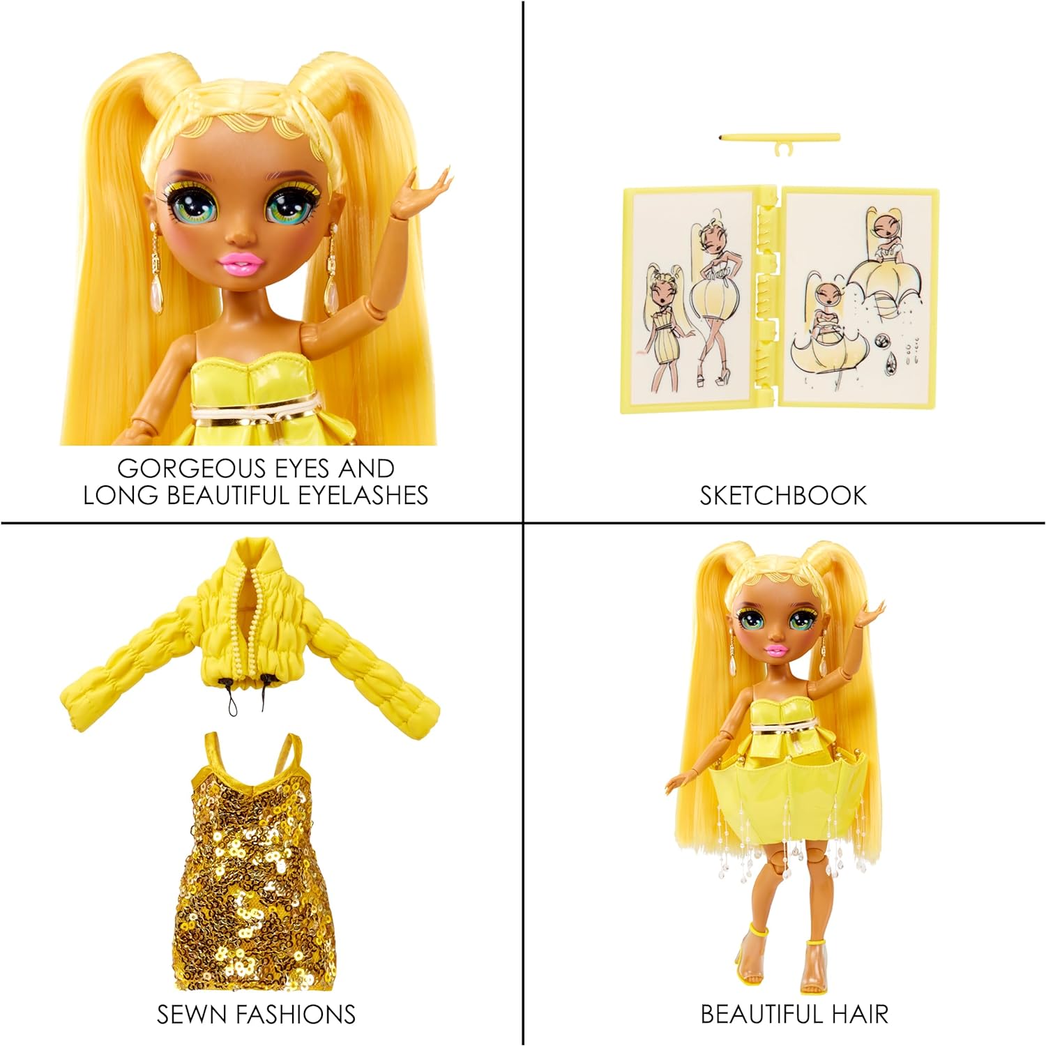 RAINBOW HIGH Muñeca Fantastic Fashion - Sunny Madison - Muñeca de Moda Amarilla de 28cm y Set de Juegos con 2 Conjuntos y Accesorios de Moda - para niños y niñas de 4 a 12 años