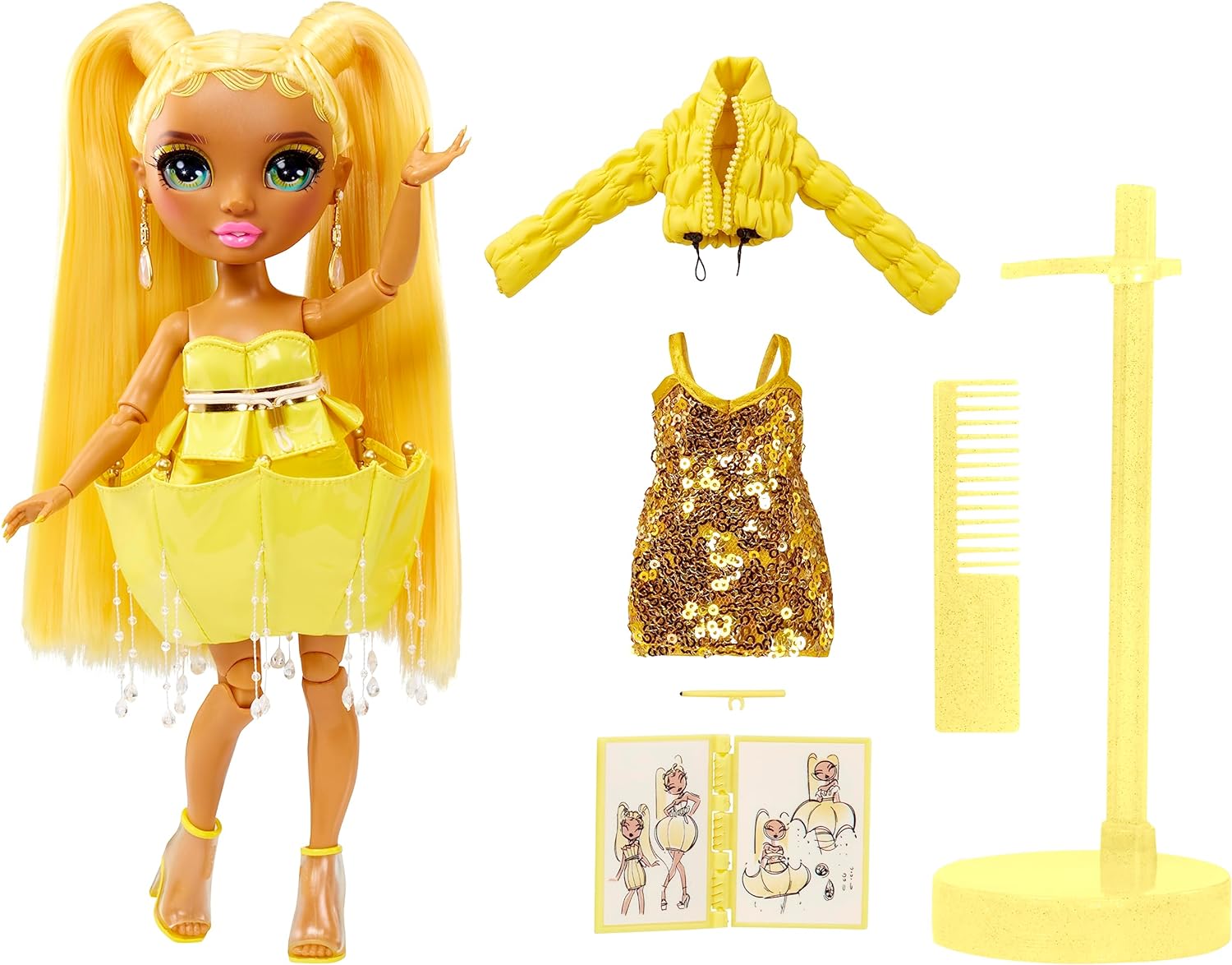 RAINBOW HIGH Muñeca Fantastic Fashion - Sunny Madison - Muñeca de Moda Amarilla de 28cm y Set de Juegos con 2 Conjuntos y Accesorios de Moda - para niños y niñas de 4 a 12 años