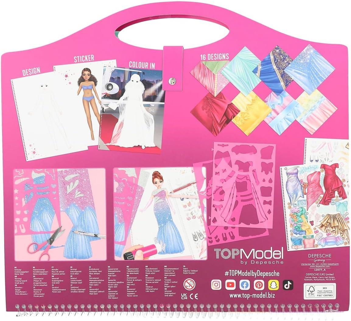 Depesche 12577 TOPModel Create Your Glamour Special Colouring Book with 52 Pages for Designing Glamorous Outfits, Spiral Book with Pre-Printed Models, Includes Accessories