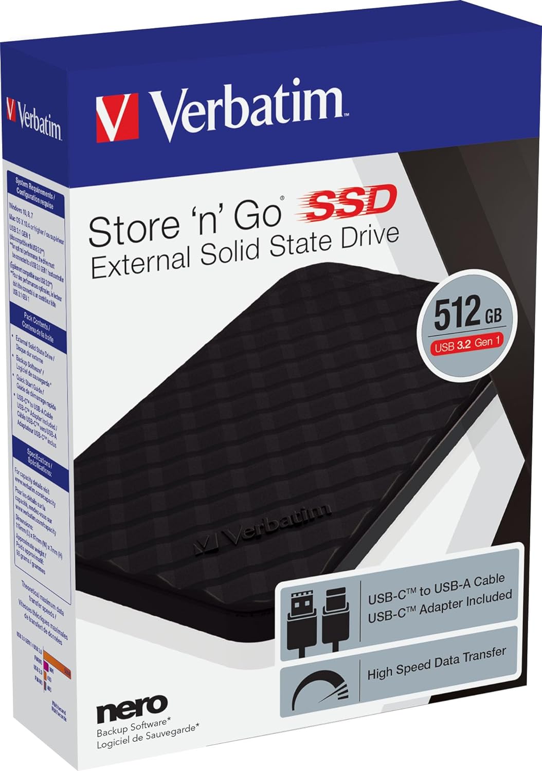 Verbatim Store 'n' Go Portable SSD, 512 GB, negro, SSD externo, SSD USB 3.0, Solid State Drive externo, para Windows y Mac OS X, unidad portátil, USB-C, unidad flash externa