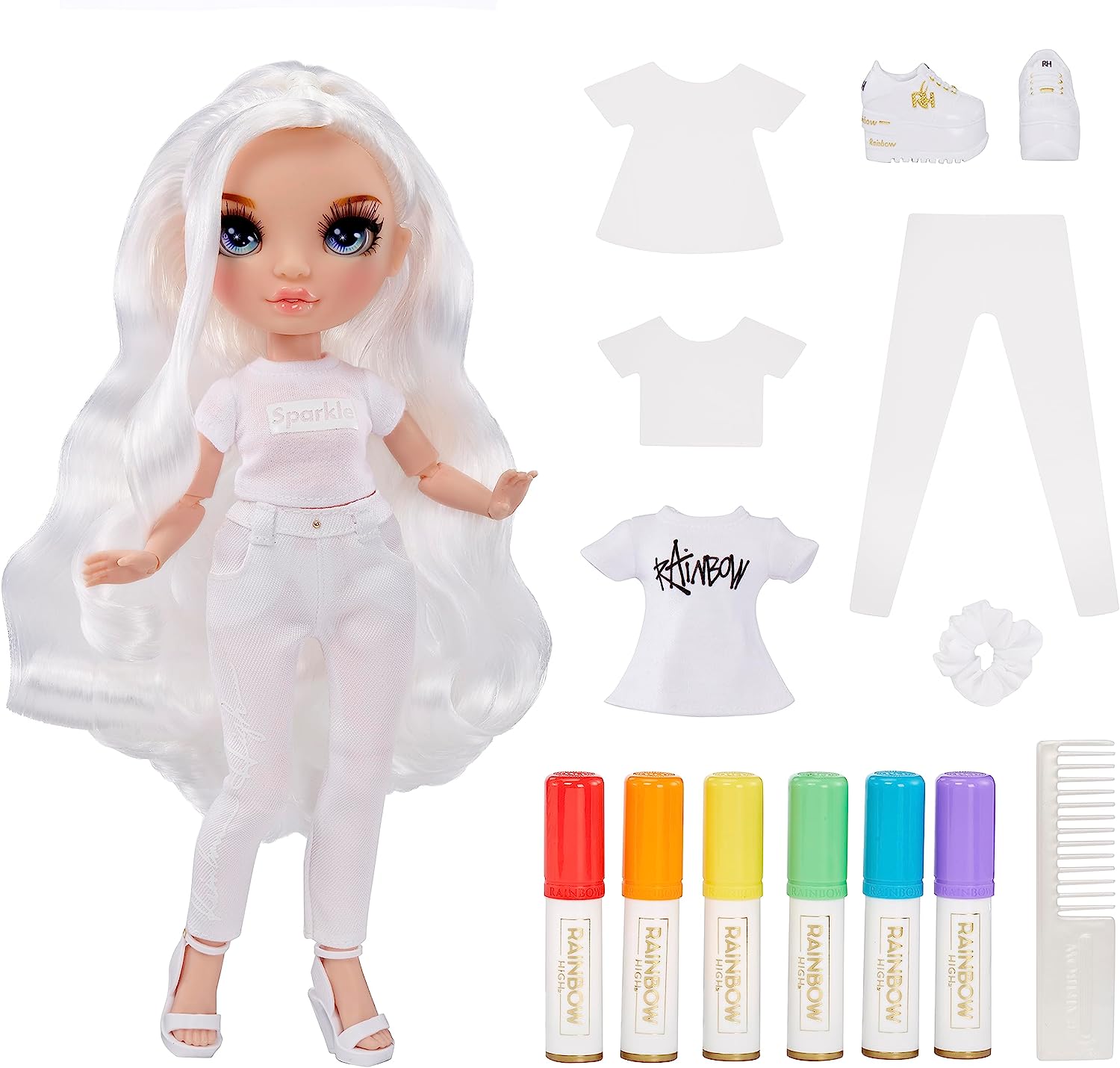 Rainbow High Colour & Create Fashion DIY Doll - Blue Eyes, Straight Hair, Bonus Top & Shoes, and Washable Rainbow Markers - Colour, Create, Play, Rinse, Repeat - For Kids 4-12 Years Old & Collectors
