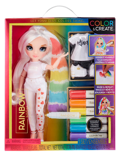 Rainbow High Colour & Create Fashion DIY Doll - Blue Eyes, Straight Hair, Bonus Top & Shoes, and Washable Rainbow Markers - Colour, Create, Play, Rinse, Repeat - For Kids 4-12 Years Old & Collectors