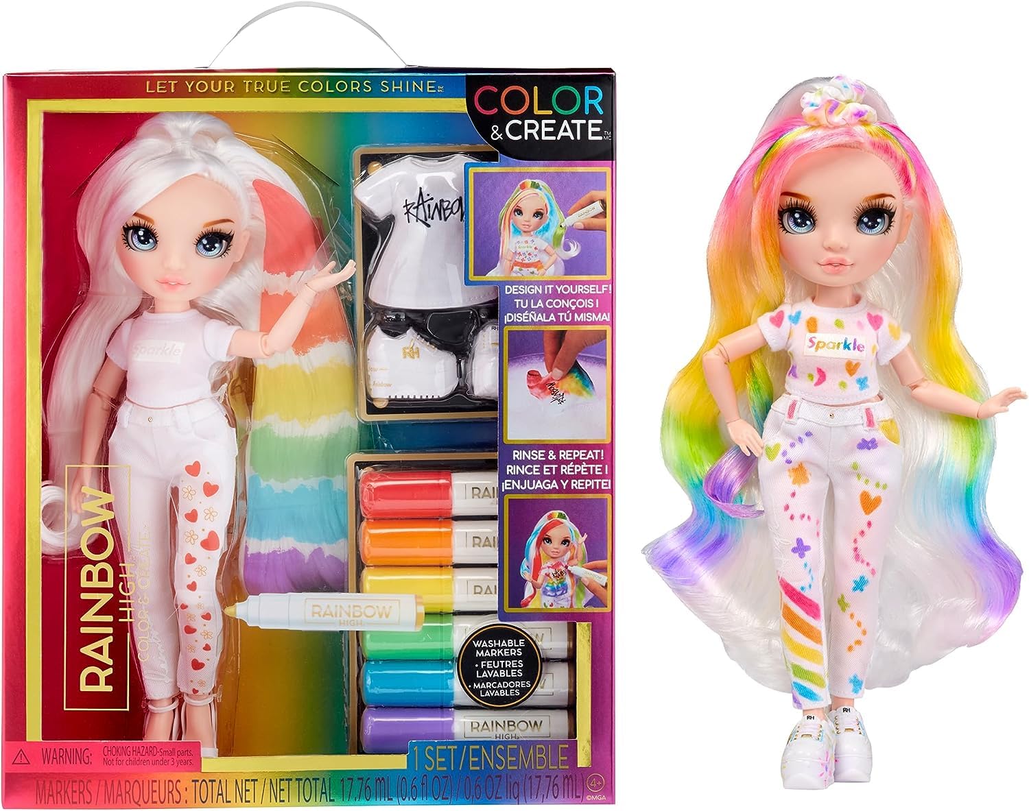 Rainbow High Colour & Create Fashion DIY Doll - Blue Eyes, Straight Hair, Bonus Top & Shoes, and Washable Rainbow Markers - Colour, Create, Play, Rinse, Repeat - For Kids 4-12 Years Old & Collectors