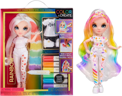 Rainbow High Colour & Create Fashion DIY Doll - Blue Eyes, Straight Hair, Bonus Top & Shoes, and Washable Rainbow Markers - Colour, Create, Play, Rinse, Repeat - For Kids 4-12 Years Old & Collectors