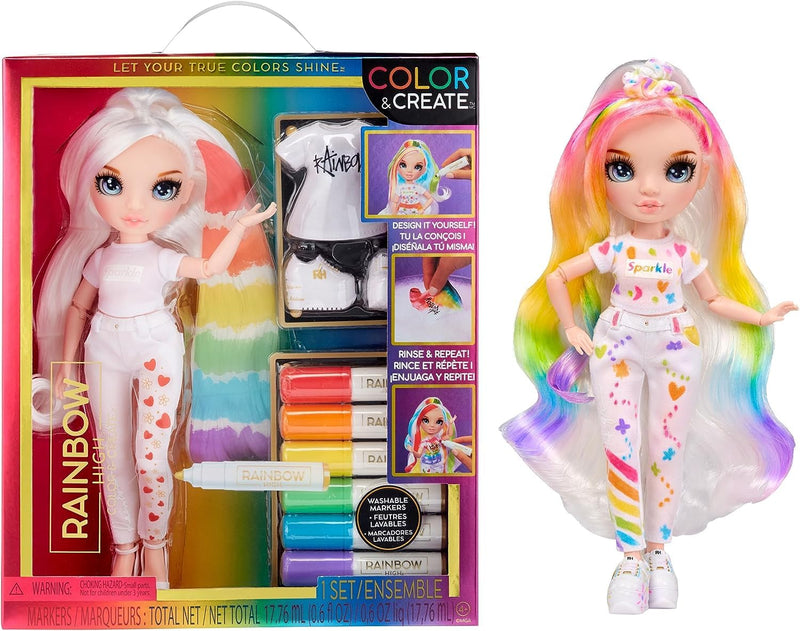 Rainbow High Colour & Create Fashion DIY Doll - Blue Eyes, Straight Hair, Bonus Top & Shoes, and Washable Rainbow Markers - Colour, Create, Play, Rinse, Repeat - For Kids 4-12 Years Old & Collectors