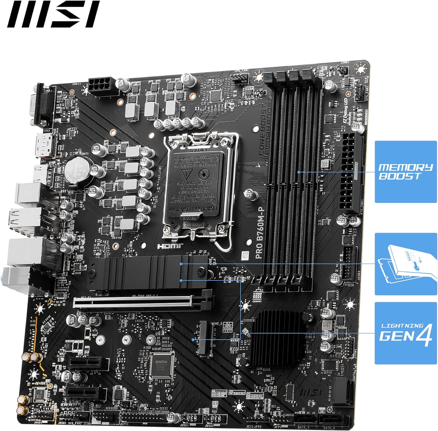 MSI PRO B760M-P Motherboard, Micro-ATX - Supports 12th and 13th Gen Intel Core Processors, LGA 1700 - DDR5 Memory Boost 6800+MHz/OC, PCIe 4.0 x16 Slot, M.2 Gen4 Slots
