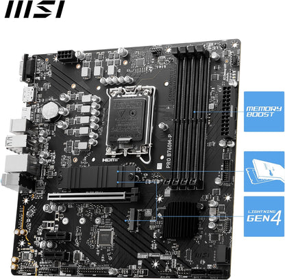 MSI PRO B760M-P Motherboard, Micro-ATX - Supports 12th and 13th Gen Intel Core Processors, LGA 1700 - DDR5 Memory Boost 6800+MHz/OC, PCIe 4.0 x16 Slot, M.2 Gen4 Slots