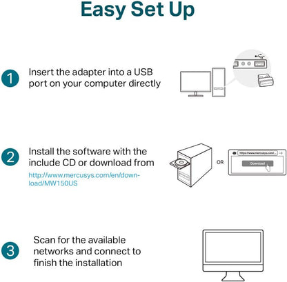 MERCUSYS MINI USB WiFi Dongle MW150US Wireless Adapter for PC Desktop Laptop, Support Windows 10/8.1/8/7/XP (32/64bit), by TP-Link