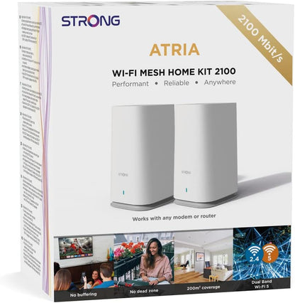 STRONG Atria Wi-Fi Mesh Home Kit 2100, WLAN Amplifier, Repeater, 200 m² Coverage, 2100 Mbit/s, 2.4 GHz + 5 GHz, 3 x Gigabit LAN/WAN Ethernet Ports, White
