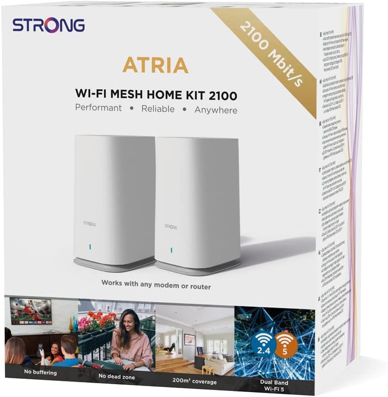 STRONG Atria Wi-Fi Mesh Home Kit 2100, WLAN Amplifier, Repeater, 200 m² Coverage, 2100 Mbit/s, 2.4 GHz + 5 GHz, 3 x Gigabit LAN/WAN Ethernet Ports, White