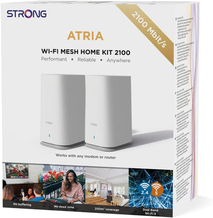 STRONG Atria Wi-Fi Mesh Home Kit 2100, WLAN Amplifier, Repeater, 200 m² Coverage, 2100 Mbit/s, 2.4 GHz + 5 GHz, 3 x Gigabit LAN/WAN Ethernet Ports, White