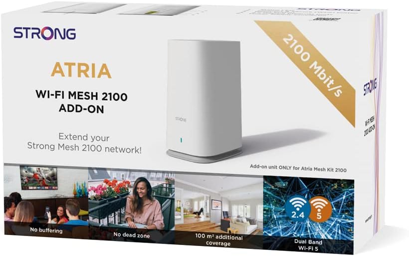 STRONG WiFi 5 MESH2100ADD-ON Atria, high performance, for additional 100 m² expansion, 2 gigabit ethernet ports, compatible with all fibre boxes.