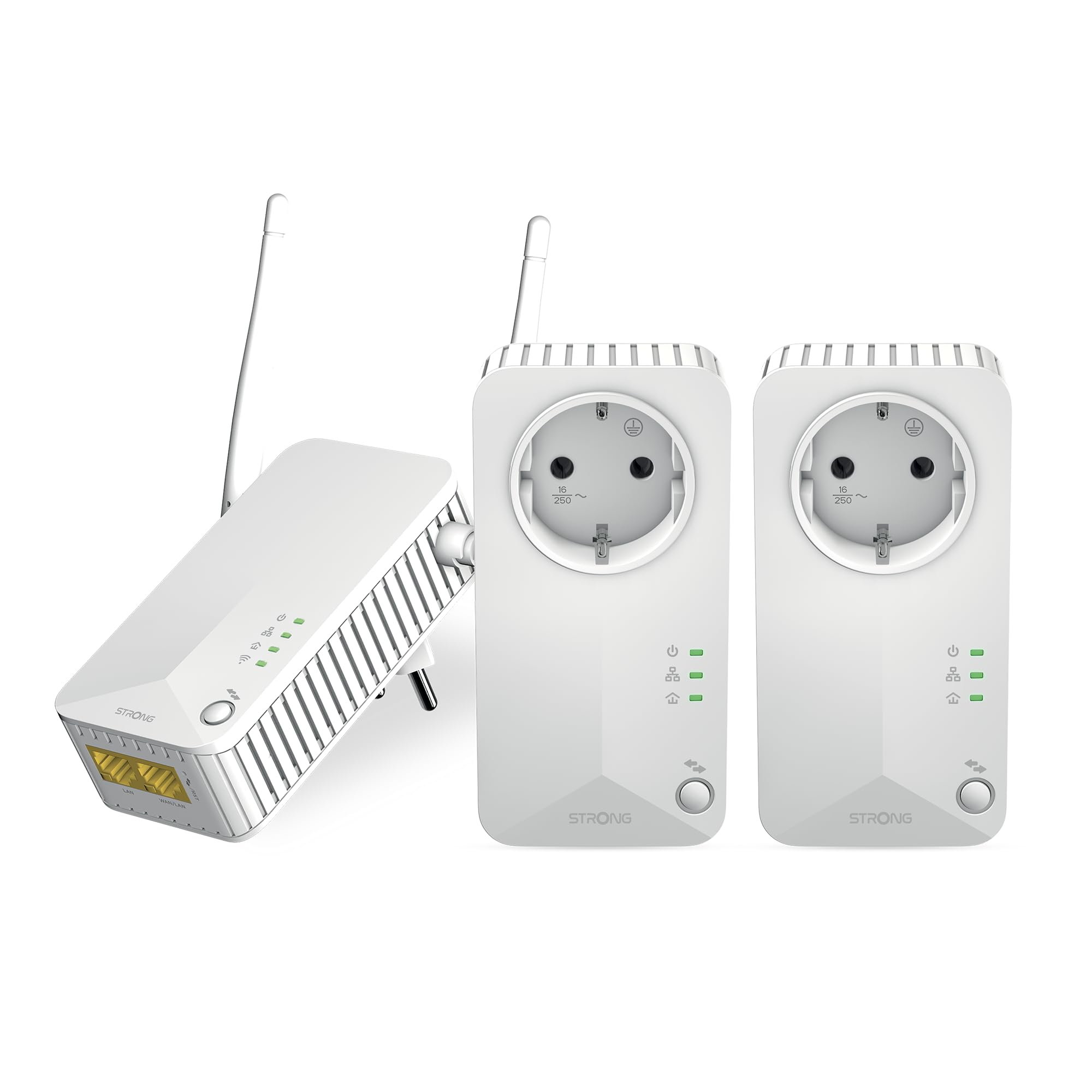STRONG PLWF600TRIEUV2 Kit 3 pezzi powerline 600 Wifi con Connessione Wifi e LAN AV600Mbps e Wi-Fi 300Mbps, Homeplug AV2, Porte Ethernet, Plug & Play, Compatibile con Router e Modem