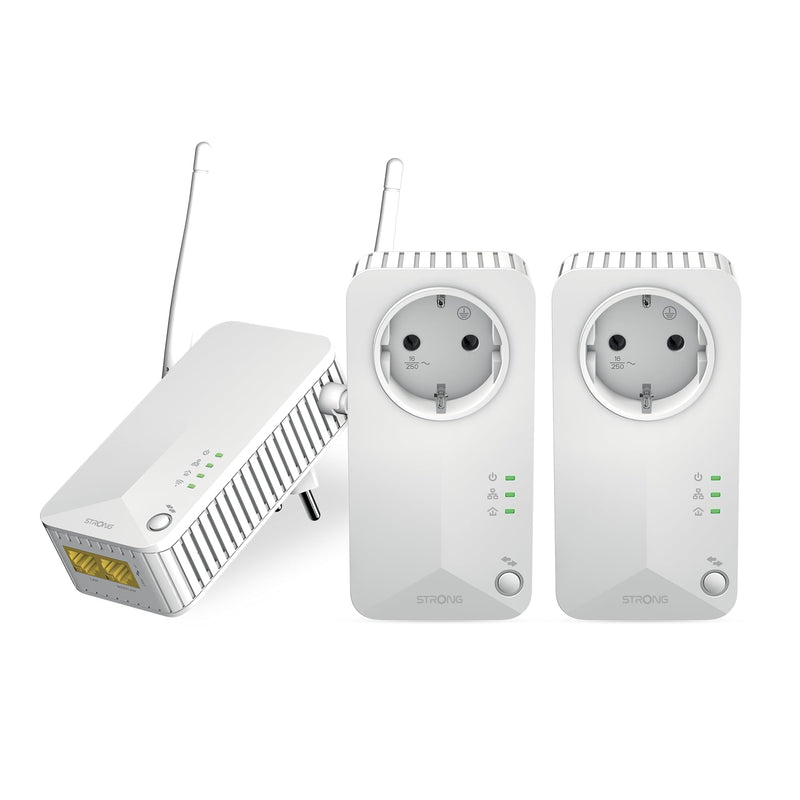 STRONG PLWF600TRIEUV2 Kit 3 pezzi powerline 600 Wifi con Connessione Wifi e LAN AV600Mbps e Wi-Fi 300Mbps, Homeplug AV2, Porte Ethernet, Plug & Play, Compatibile con Router e Modem
