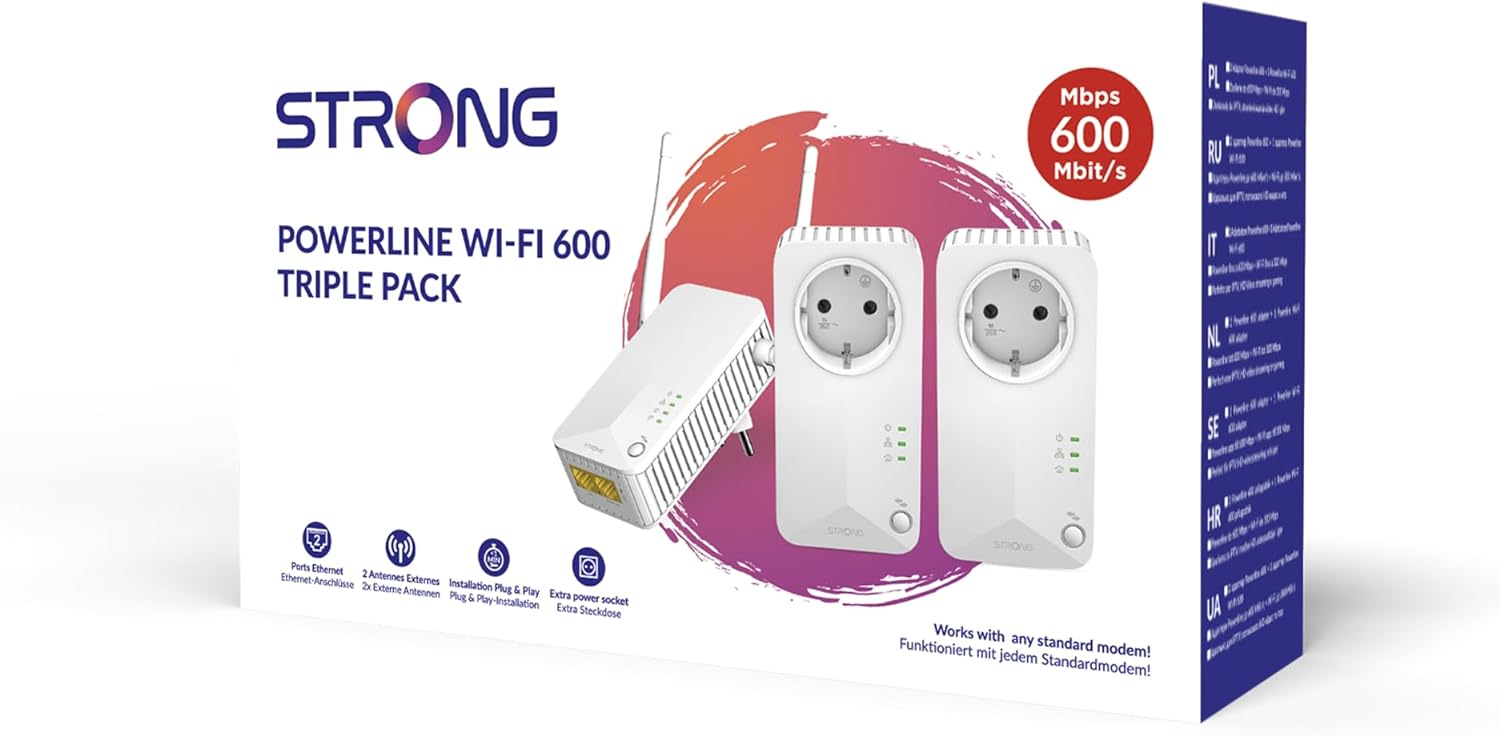 STRONG PLWF600TRIEUV2 Kit 3 pezzi powerline 600 Wifi con Connessione Wifi e LAN AV600Mbps e Wi-Fi 300Mbps, Homeplug AV2, Porte Ethernet, Plug & Play, Compatibile con Router e Modem