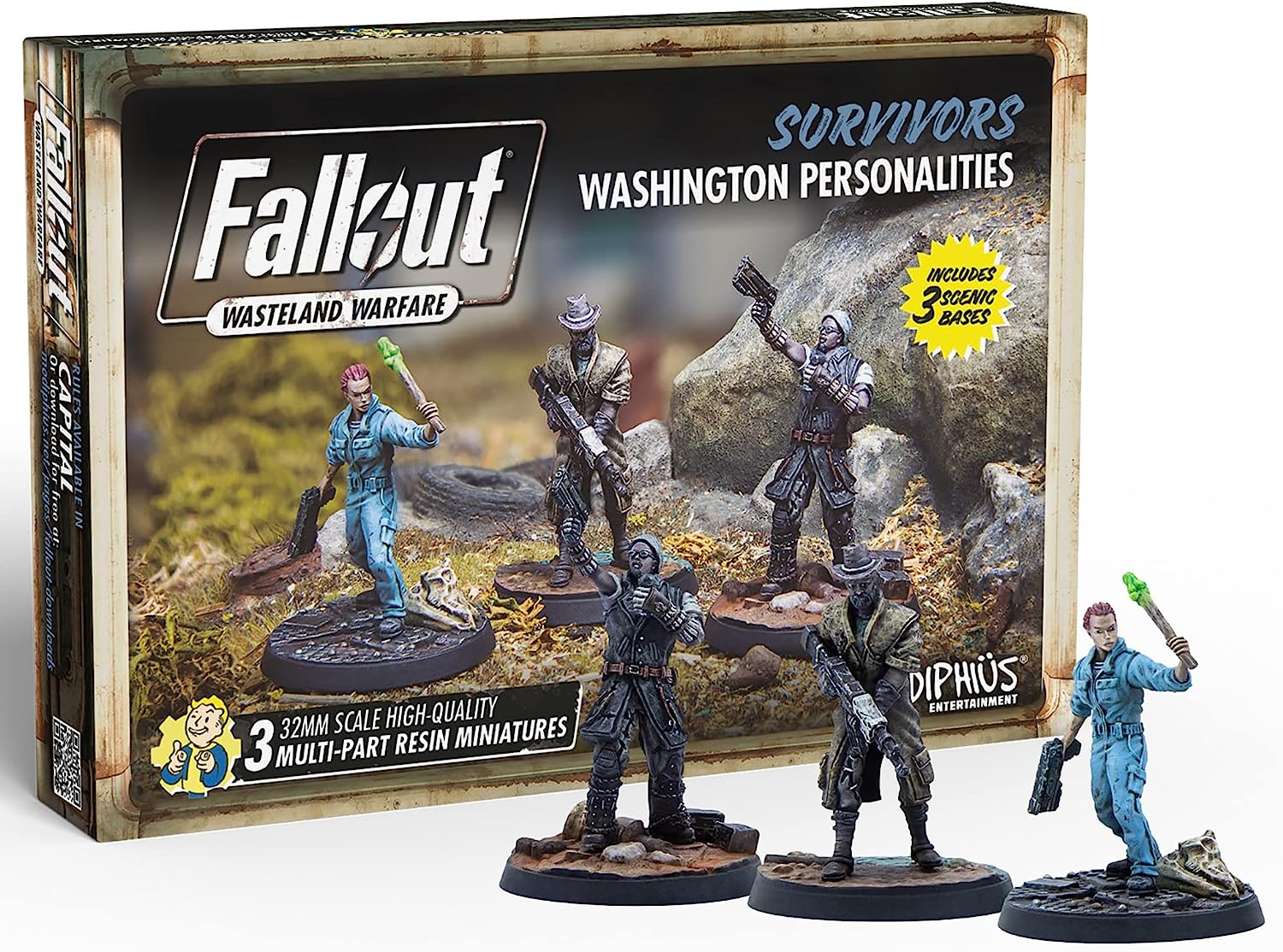 Fallout Wasteland Warfare: Survivors: Washington Personalities - 3 Miniatures, 32mm Unpainted Figures, Capital Wave