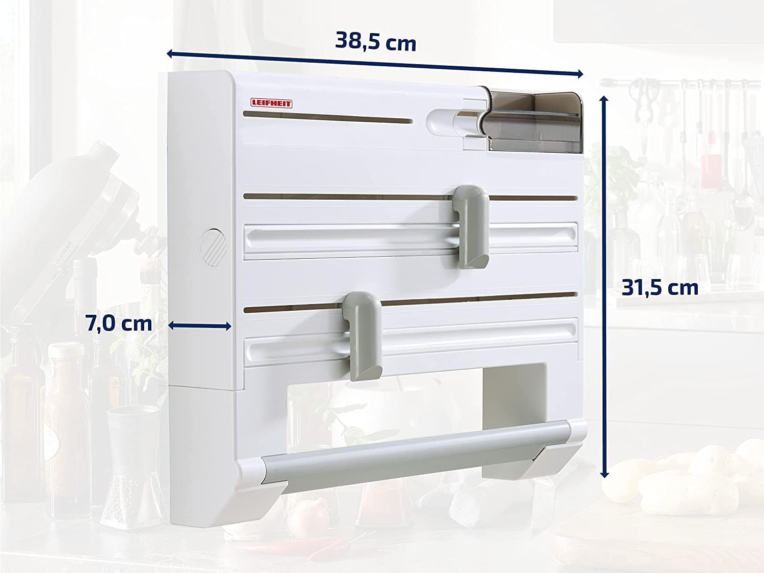 Leifheit Parat Plus Kitchen Roll Holder, Wall Mounted Roll Holder for Film, Foil and Paper, with Cutters for Foil, Foil Cutter Dispenser, White, 39 x 32 x 10 cm, Takes Rolls to 30.5 cm