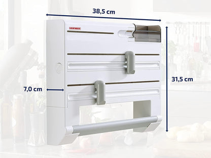 Leifheit Parat Plus Kitchen Roll Holder, Wall Mounted Roll Holder for Film, Foil and Paper, with Cutters for Foil, Foil Cutter Dispenser, White, 39 x 32 x 10 cm, Takes Rolls to 30.5 cm