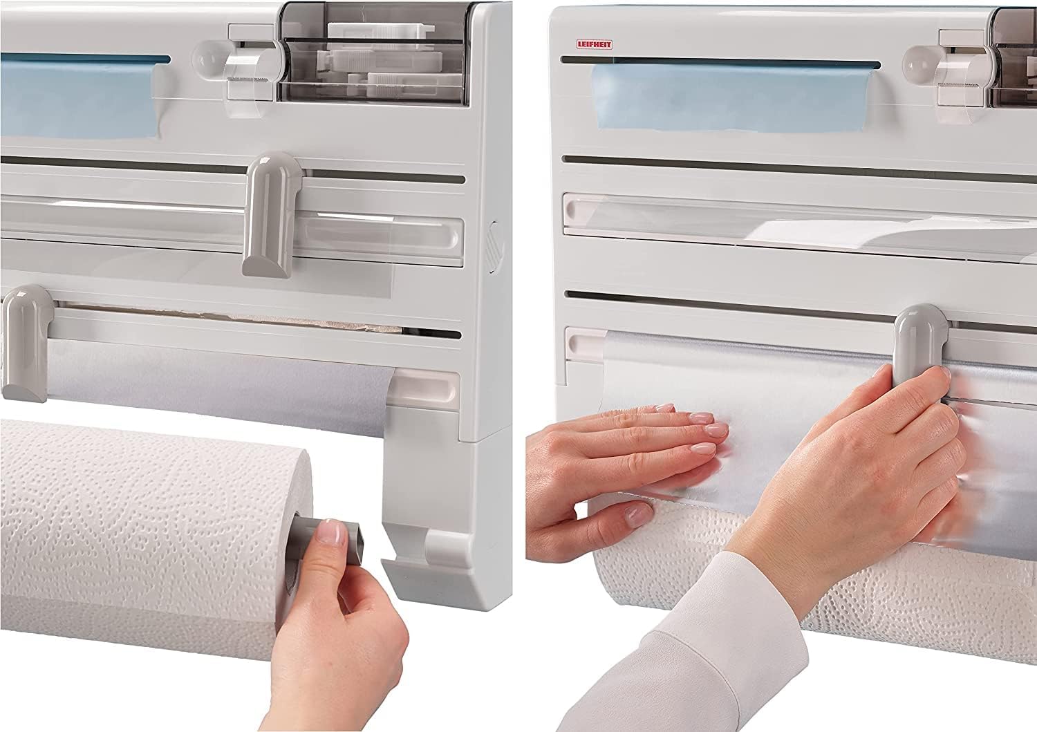 Leifheit Parat Plus Kitchen Roll Holder, Wall Mounted Roll Holder for Film, Foil and Paper, with Cutters for Foil, Foil Cutter Dispenser, White, 39 x 32 x 10 cm, Takes Rolls to 30.5 cm
