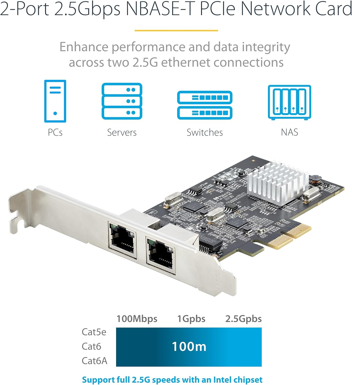 StarTech.com 2-Port 2.5Gbps NBASE-T PCIe Network Card, Intel I225-V, Dual-Port Computer Network Card, Multi-Gigabit NIC, PCI Express Server LAN Card, Desktop Ethernet Interface (PR22GI-NETWORK-CARD
