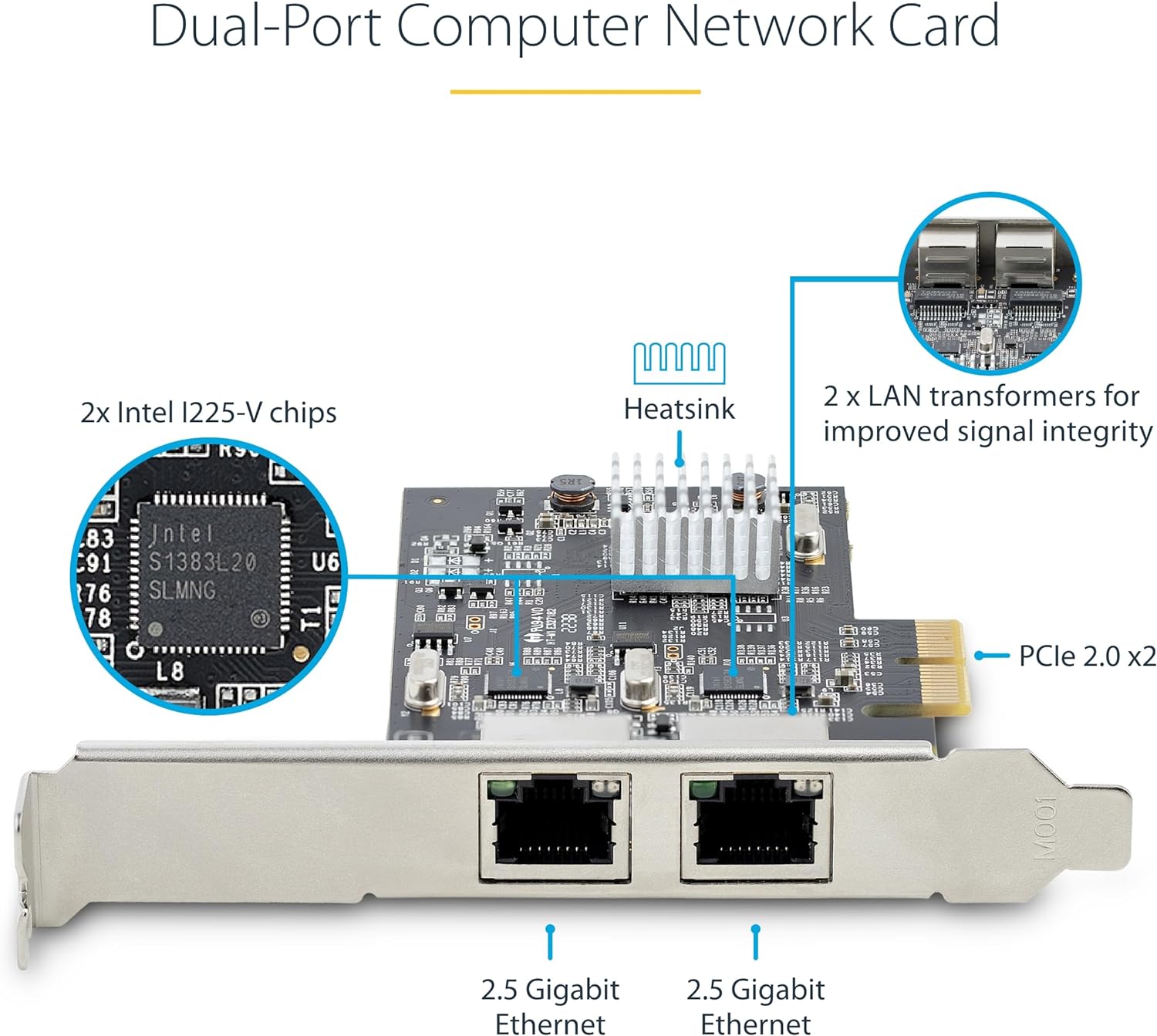 StarTech.com 2-Port 2.5Gbps NBASE-T PCIe Network Card, Intel I225-V, Dual-Port Computer Network Card, Multi-Gigabit NIC, PCI Express Server LAN Card, Desktop Ethernet Interface (PR22GI-NETWORK-CARD