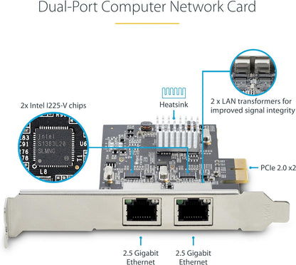 StarTech.com 2-Port 2.5Gbps NBASE-T PCIe Network Card, Intel I225-V, Dual-Port Computer Network Card, Multi-Gigabit NIC, PCI Express Server LAN Card, Desktop Ethernet Interface (PR22GI-NETWORK-CARD