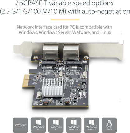 StarTech.com 2-Port 2.5Gbps NBASE-T PCIe Network Card, Intel I225-V, Dual-Port Computer Network Card, Multi-Gigabit NIC, PCI Express Server LAN Card, Desktop Ethernet Interface (PR22GI-NETWORK-CARD