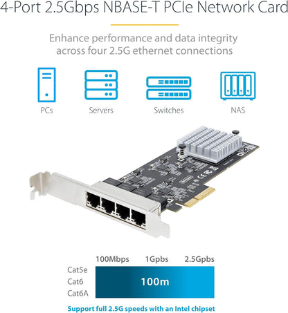 StarTech.com 4-Port 2.5Gbps NBASE-T PCIe Network Card, Intel I225-V, Quad-Port Computer Network Card, Multi-Gigabit NIC, PCI Express Server LAN Card, Desktop Ethernet Interface (PR42GI-NETWORK-CARD