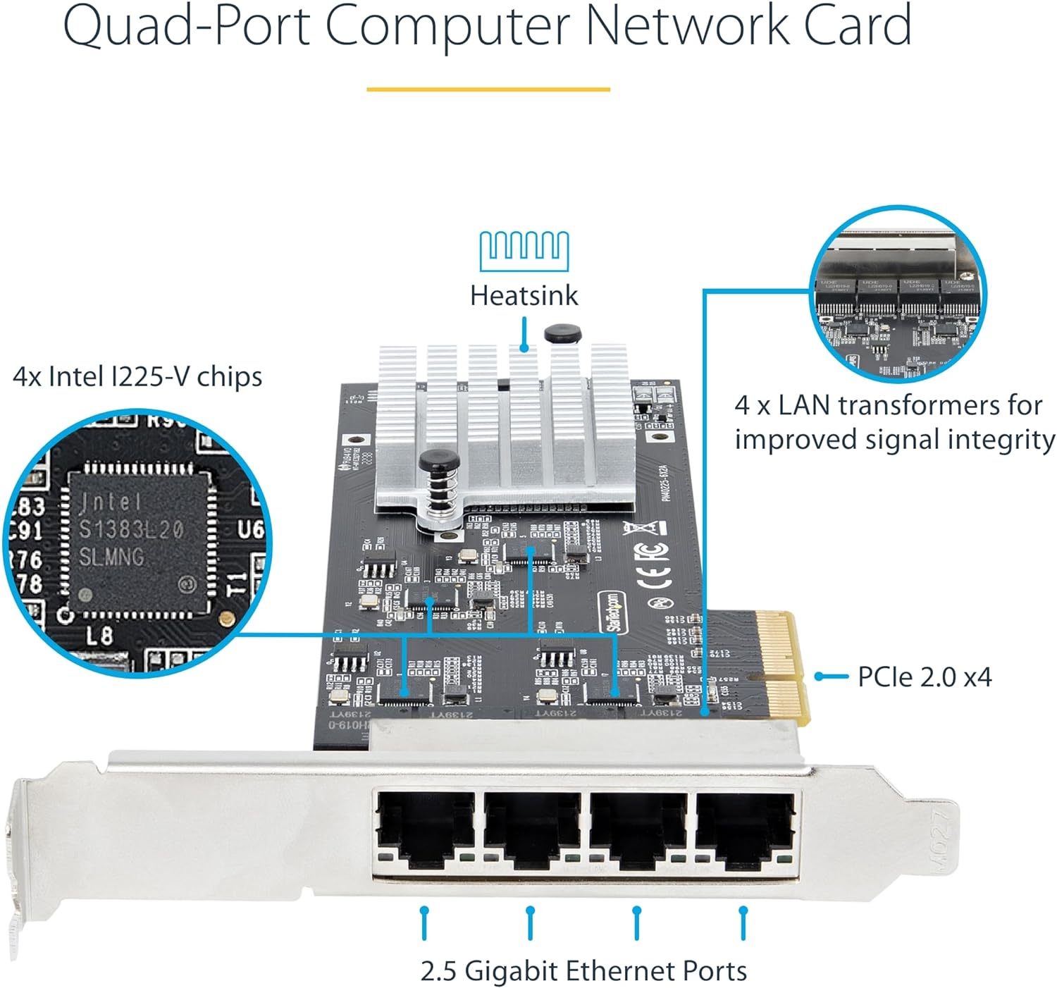 StarTech.com 4-Port 2.5Gbps NBASE-T PCIe Network Card, Intel I225-V, Quad-Port Computer Network Card, Multi-Gigabit NIC, PCI Express Server LAN Card, Desktop Ethernet Interface (PR42GI-NETWORK-CARD