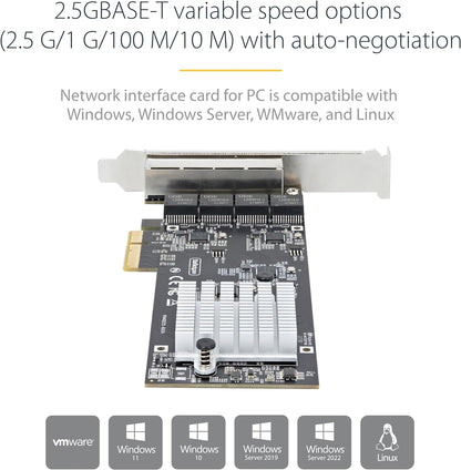 StarTech.com 4-Port 2.5Gbps NBASE-T PCIe Network Card, Intel I225-V, Quad-Port Computer Network Card, Multi-Gigabit NIC, PCI Express Server LAN Card, Desktop Ethernet Interface (PR42GI-NETWORK-CARD