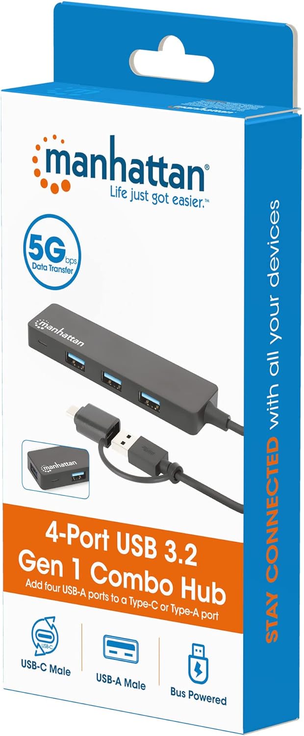 MANHATTAN 180863 USB 3.2 Gen1 Hub 4 Ports Combo USB-A and USB-C™ Black