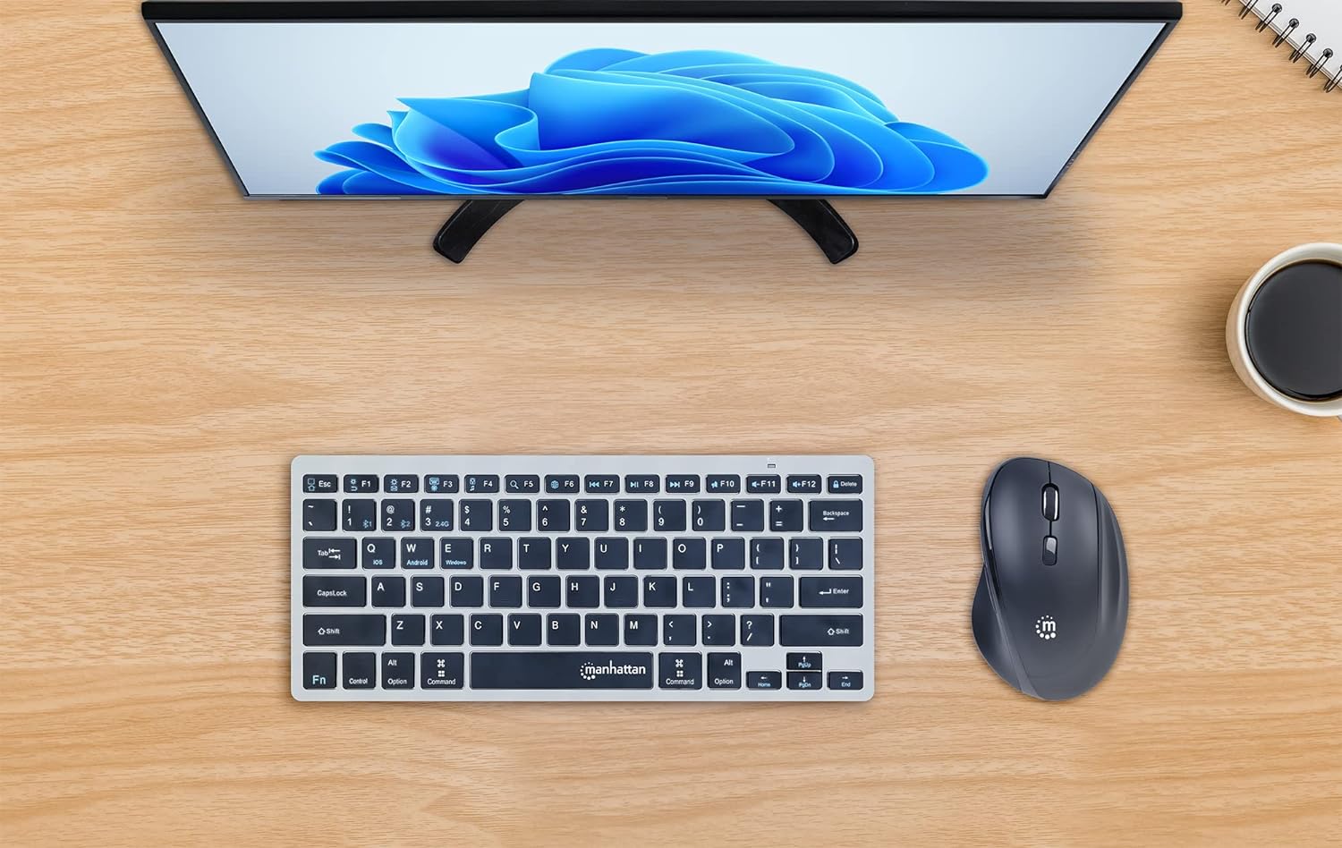 Manhattan 190237 Ergonomische Wireless Maus mit USB-A und USB-C™ 2-in-1 Receiver schwarz